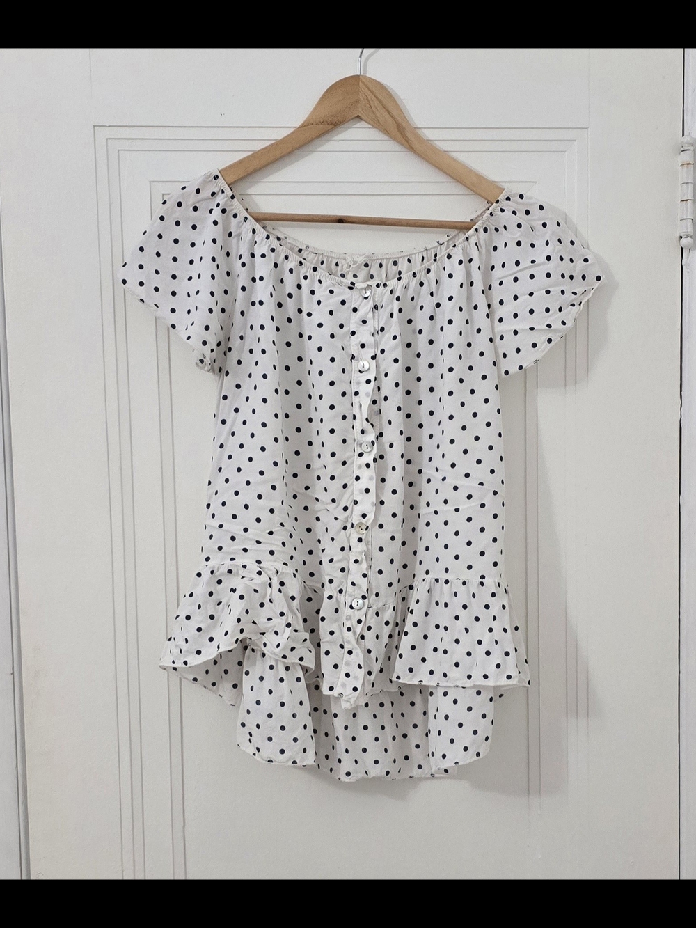 White Polka Dot Off-Shoulder Button-Front Women’s Top